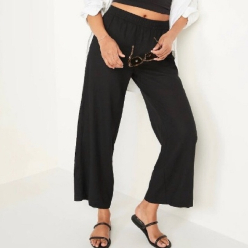 Women's Black High-Waisted Linen-Blend Wide-Leg Pants - S/M